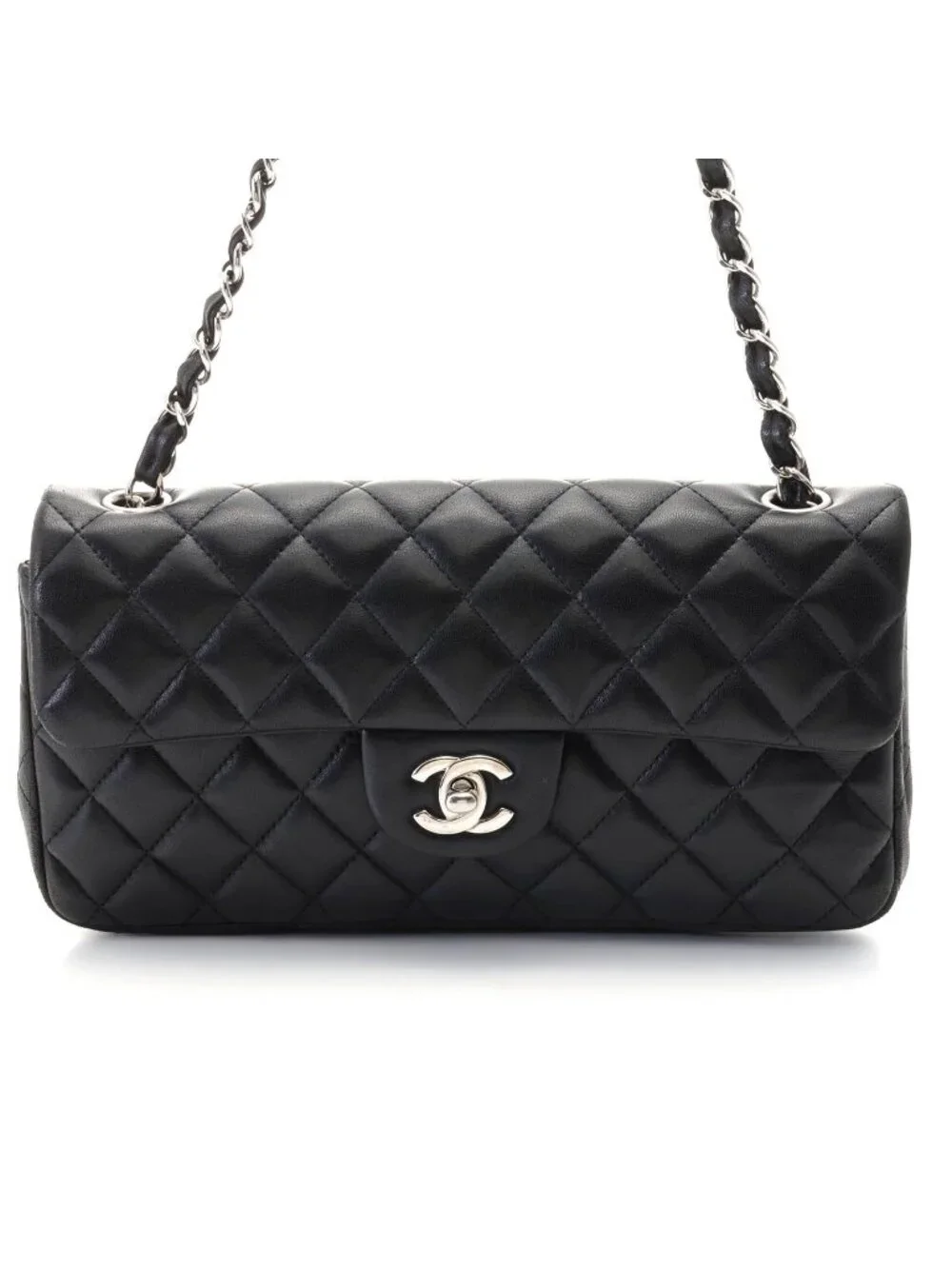 Chanel Quilted Chain Shoulder Black Silver Lambskin Bag